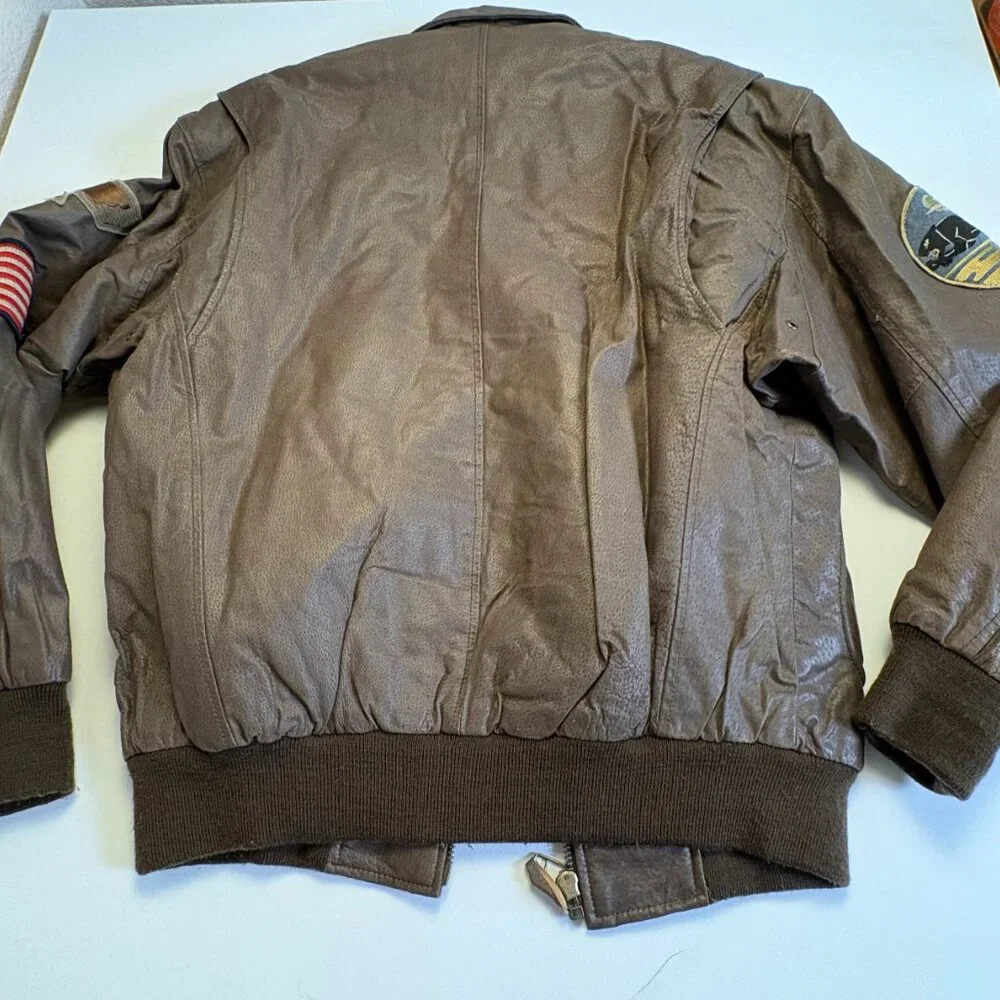 Vintage 80s Excelled Leather Bomber Jacket Patched Top Gun Flight A-2 Map Lining - Picture 3 of 12